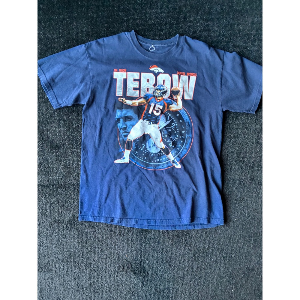 Reebok Denver Broncos Tim Tebow 15 Graphic T-Shirt Navy Blue Mens L NFL Football